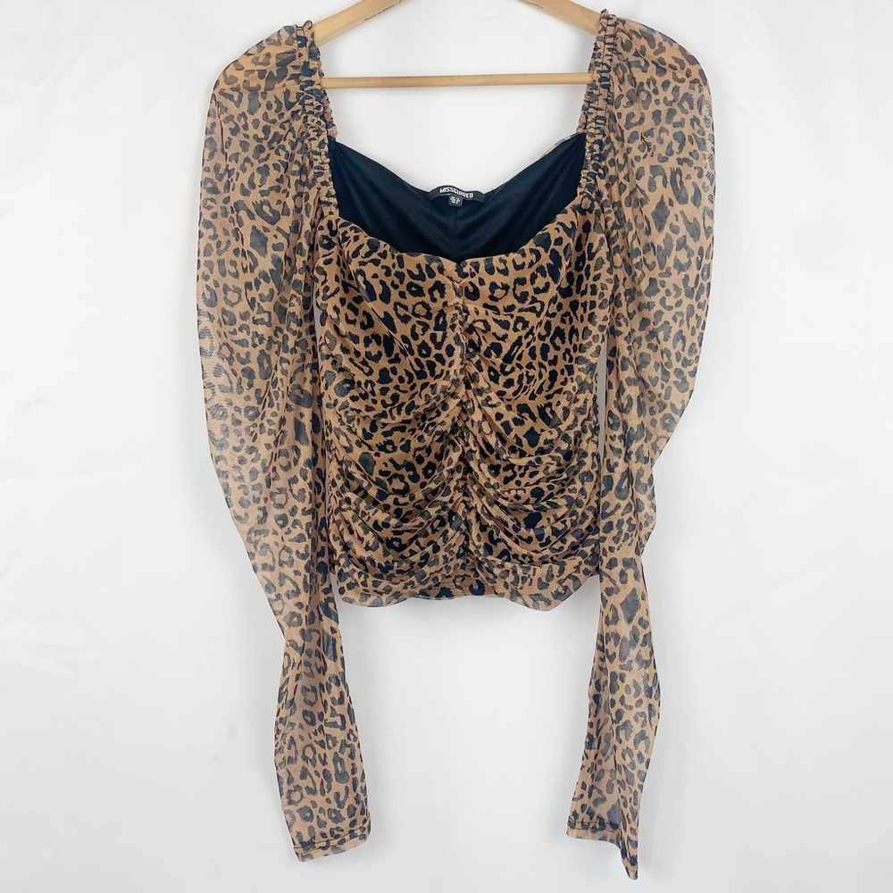 Missguided Ruched Mesh Top Leopard Print - Picture 3 of 8